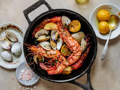 Colossal Size Shrimp Grilled In a Cast Iron Pan